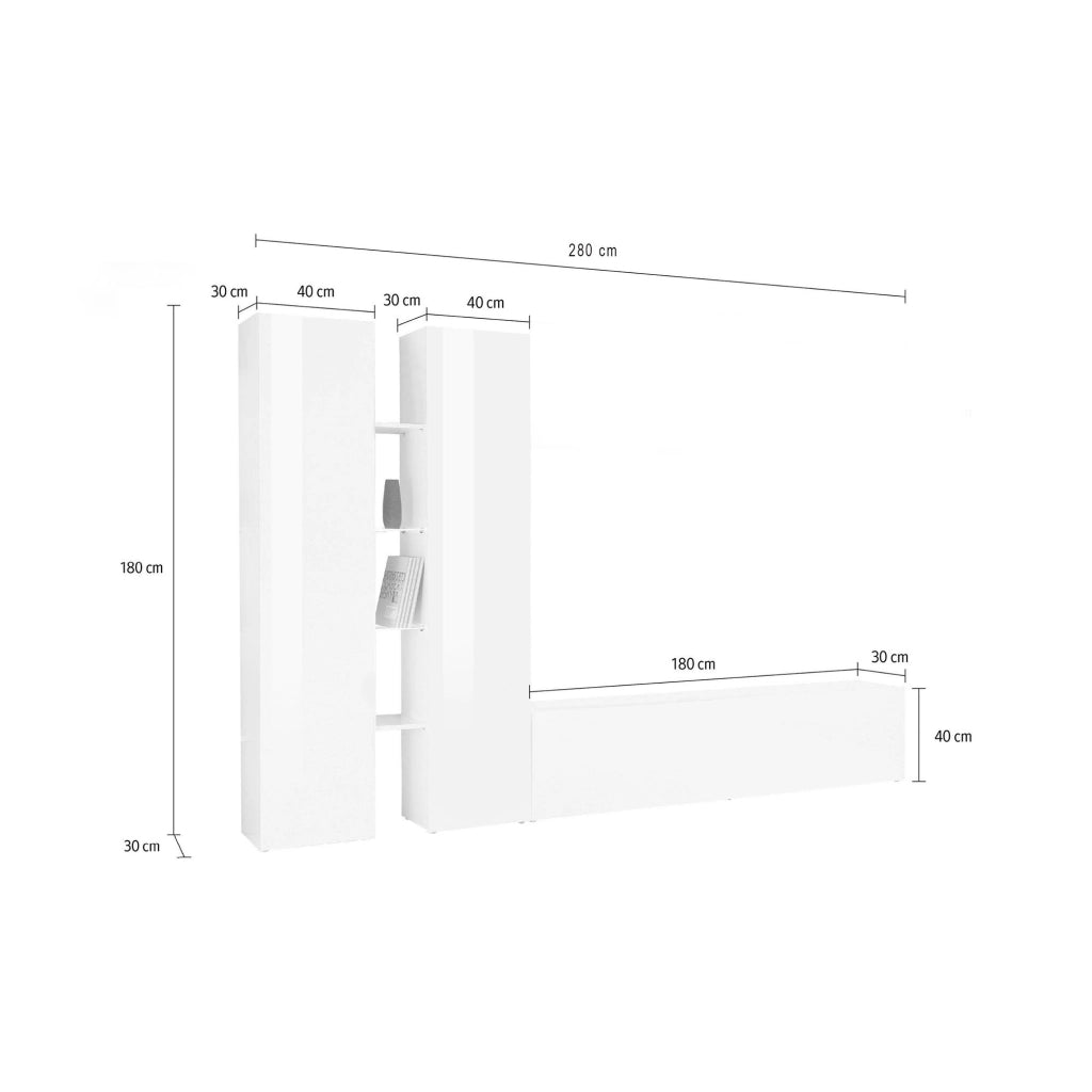 Fabiano, Parete Attrezzata 12 Ripiani Made in Italy, 30x280x180h cm Bianco Lucido