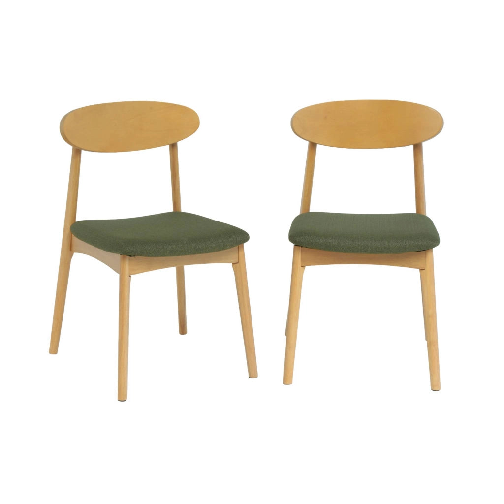 Set 2 sedie vintage in legno di hevea naturale e tessuto, verde kaki