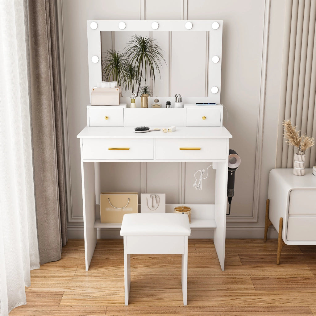 Toeletta con 4 cassetti; LED e presa; per camera da letto; in MDF; bianco