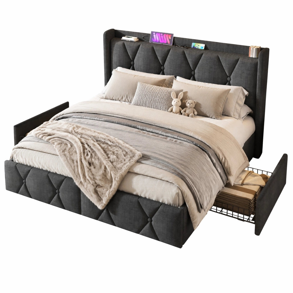 Letto matrimoniale 140x200 cm grigio in lino con USB, 4 cassetti e vano contenitore