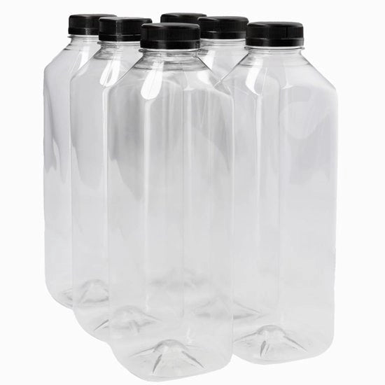 Set di quattro bottiglie PET da 1000 ml - 60 pezzi - BPA libero - Bottiglie riutilizzabili - Incluso tappo di garanzia - Finitura lucida - Bottiglie per bevande