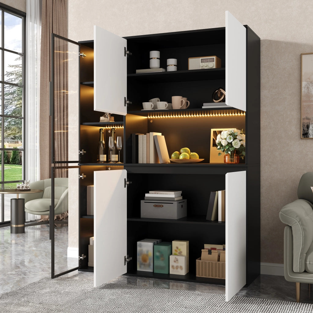 Credenza e madia con LED, 2 ante in vetro e vani contenitore, per soggiorno e sala da pranzo, 120 × 40 × 160 cm