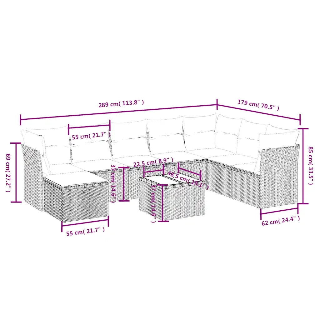 Set Divano da Giardino 9 pz con Cuscini Beige in Polyrattan 3263284