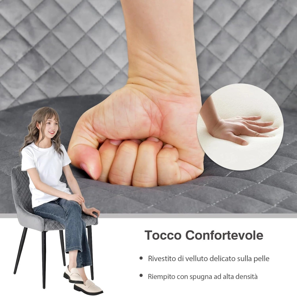 Set di 2 Sedie da Pranzo in Velluto, Sedie Imbottite da Cucina con Gambe in Metallo e Piedini Regolabili, Sedie Senza Braccioli Moderne per Soggiorno Cucina Bar, 60 x 52 x 80 cm, Grigio