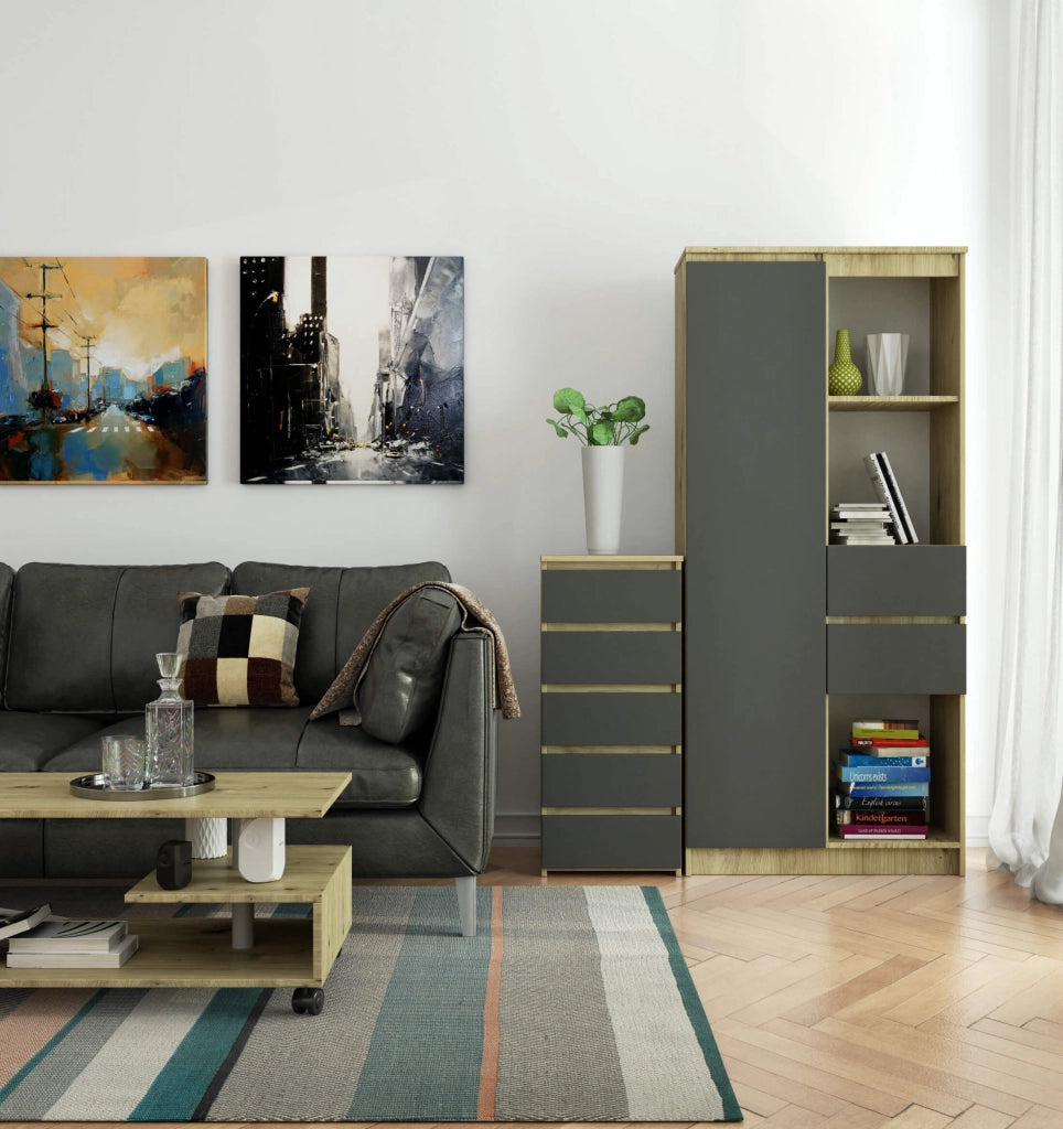 Cassettiera AKORD CL5 Cassettiera Quercia Artisan 40 cm 5 cassetti inserto frontale Grigia Grafite 40x35x92 cm