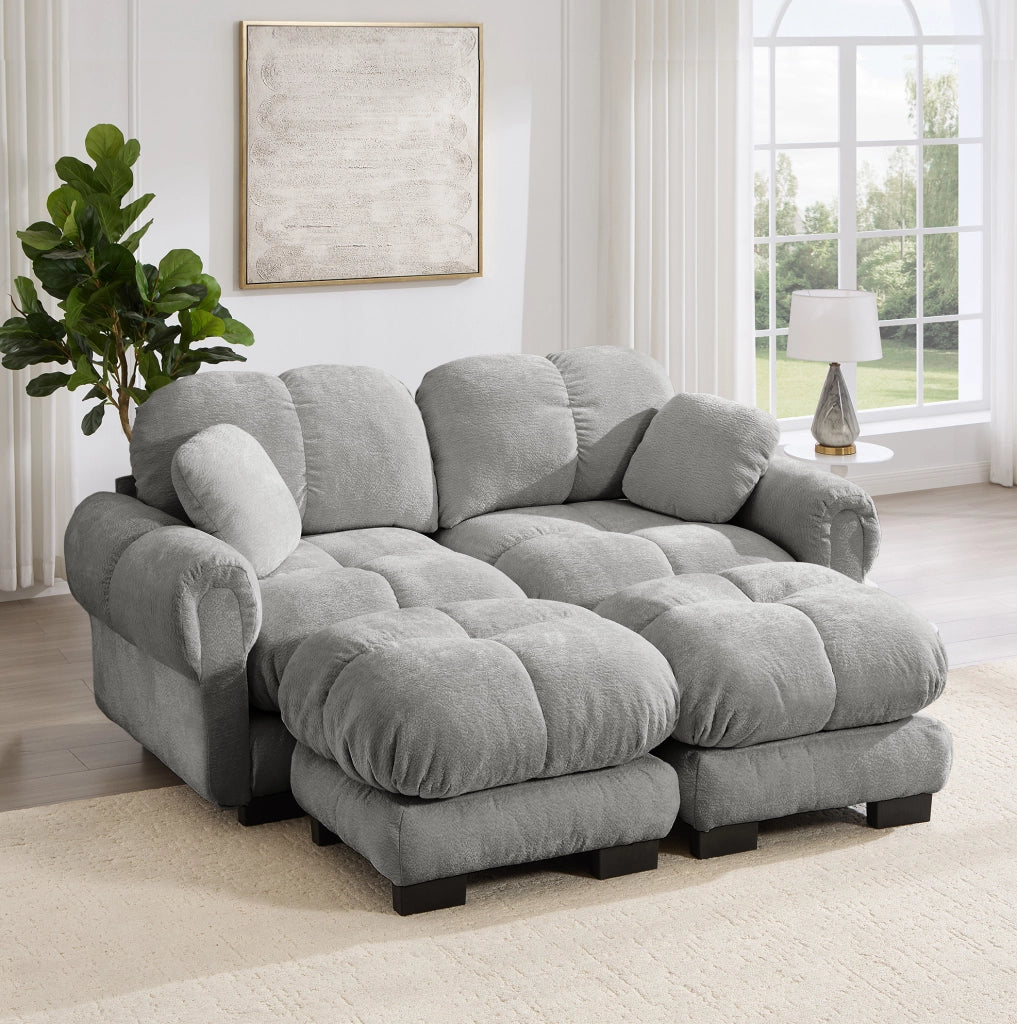 Divano modulare in chenille con pouf mobile 190x149x90 cm; trapuntato; grigio chiaro