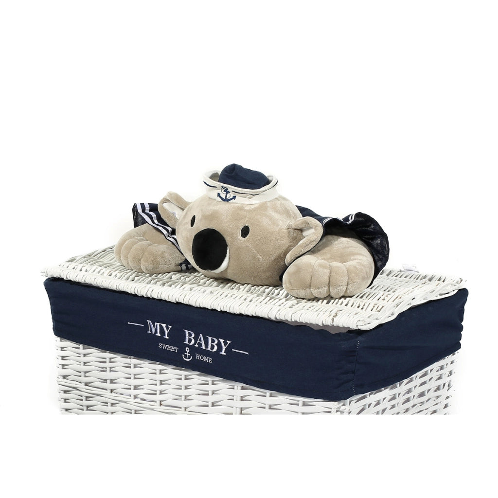 Set 5 cesti in vimini bianco Koala con baule, tema koala blu marino