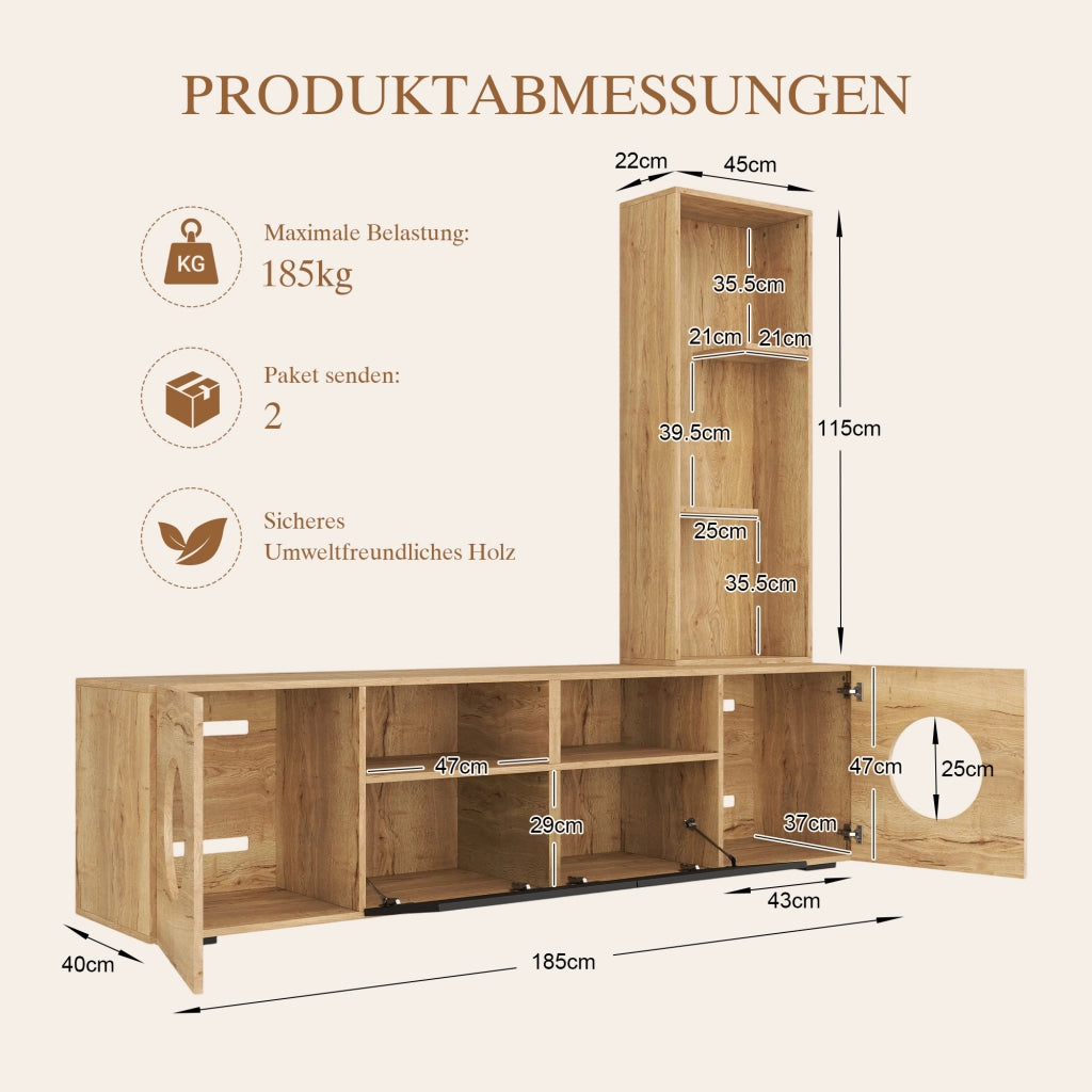 Mobile TV 185x40x162 cm con spazio per gatti e scaffale nero e naturale