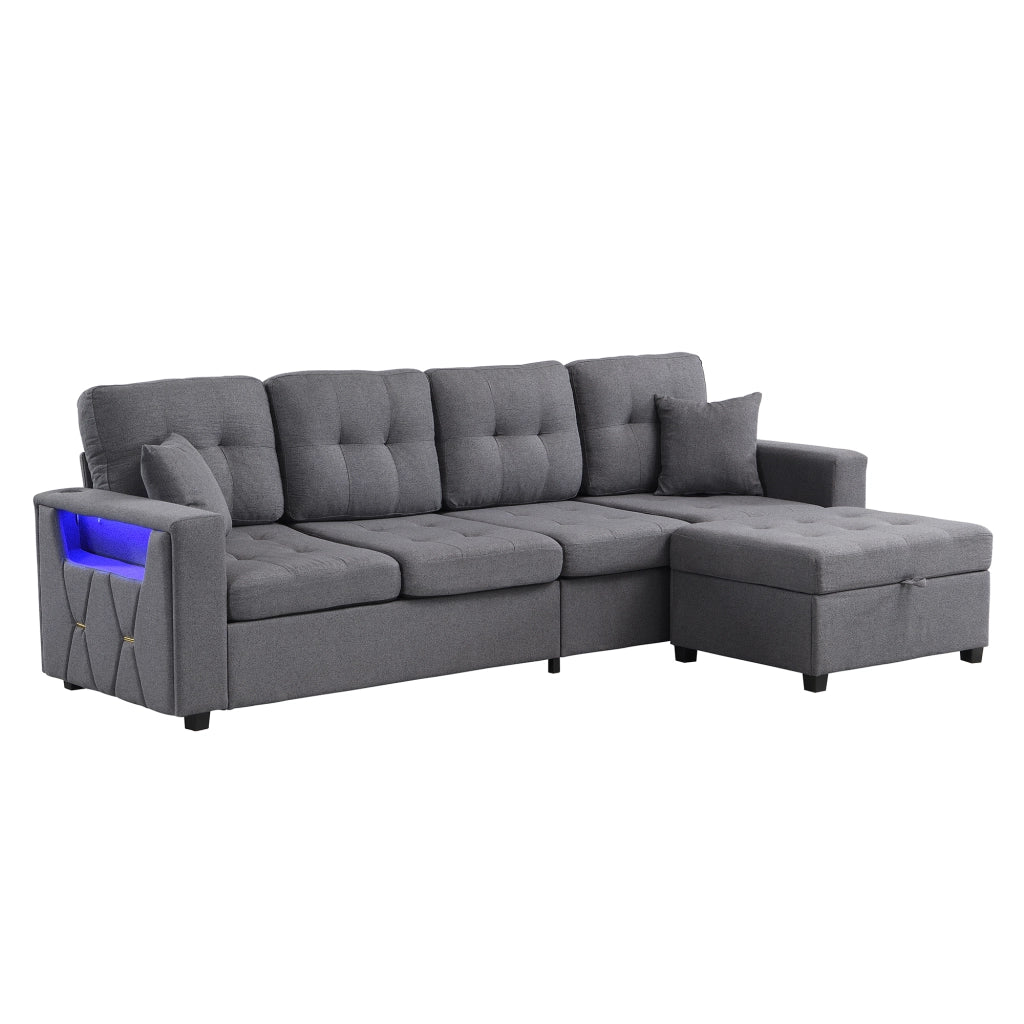Divano modulare angolare 4 posti - con pouf contenitore; LED e porte USB - in lino - grigio antico