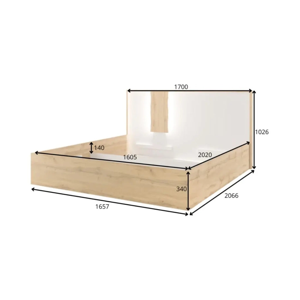 Pack letto 160x200 con LED + 2 comodini WOOD colore bianco e rovere