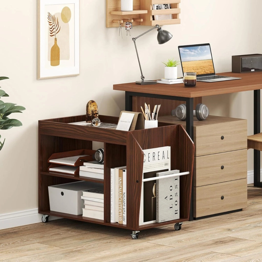 Tavolo laterale e libreria a 3 ripiani con ruote universali-Comodino con 3 scomparti e 1 ripiano laterale in legno