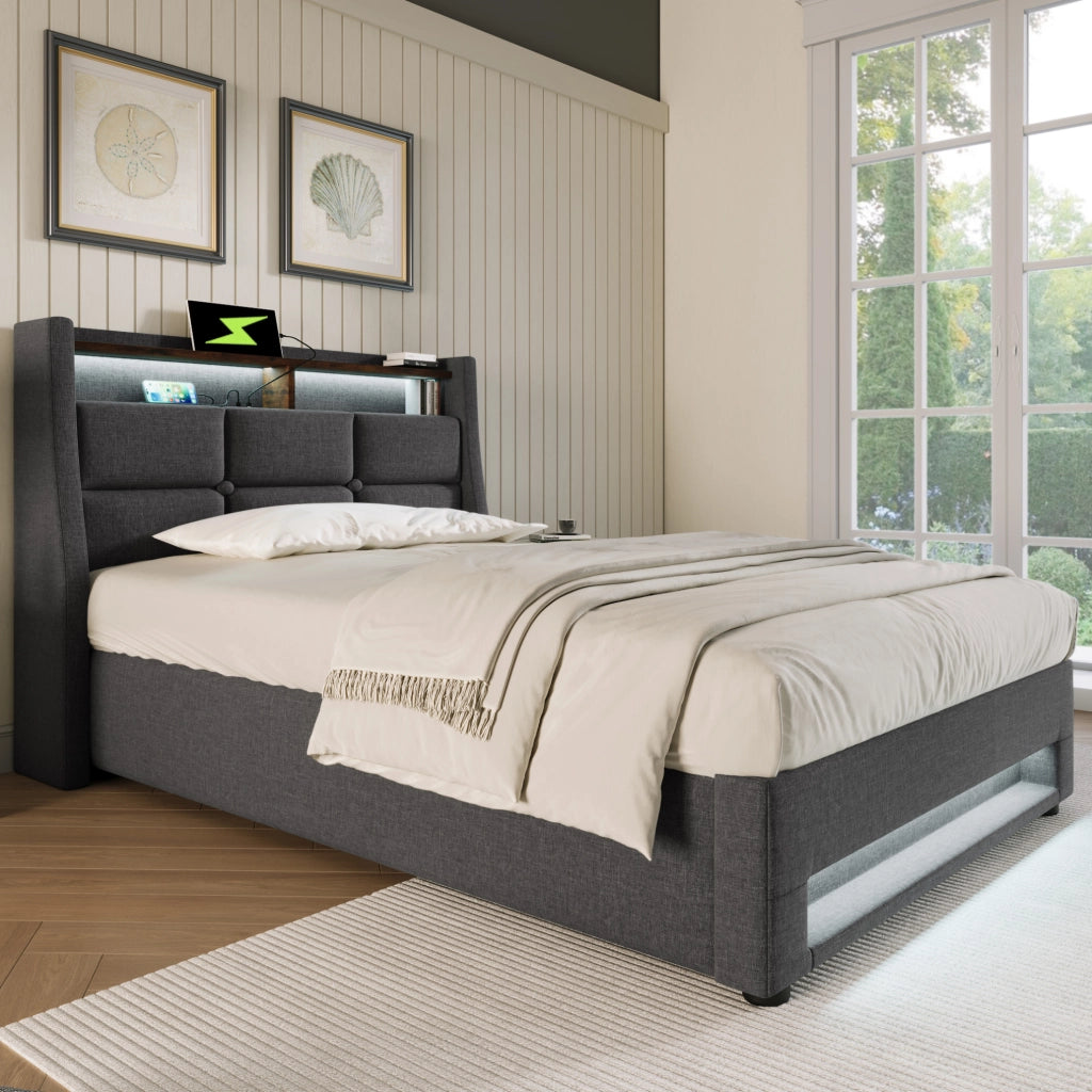 Letto imbottito 90x200 cm con LED; USB e contenitore; grigio