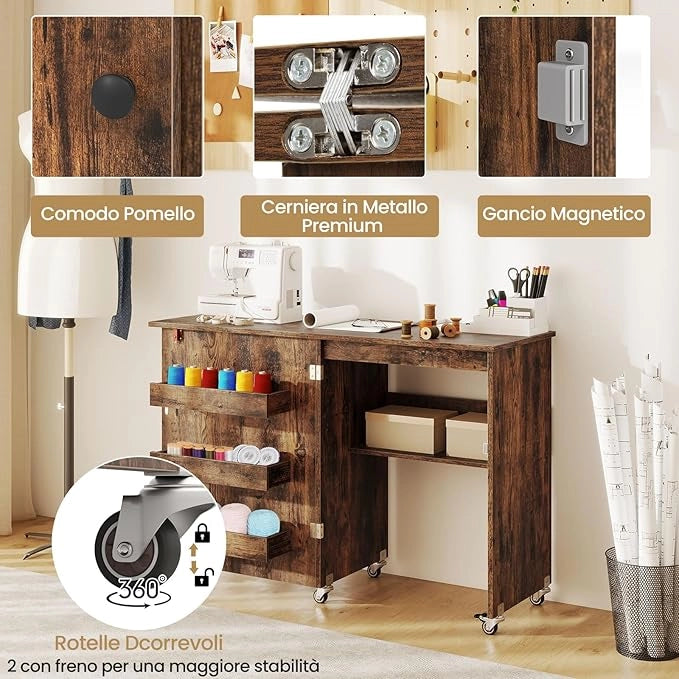 Tavolo da Cucito Pieghevole, Mobile per Macchina da Cucire con Ripiano Portaoggetti, 3 Scomparti Nascosti e Ruote Bloccabili, Mobile Multiuso per Piccoli Spazi (Marrone, 118,5 x 40 x 79,5 cm)