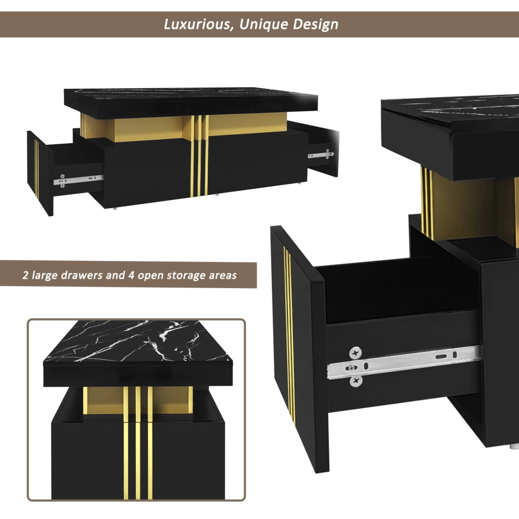 Tavolino da salotto moderno rettangolare 100x50x40 cm in truciolare nero; piano effetto marmo e 2 cassetti