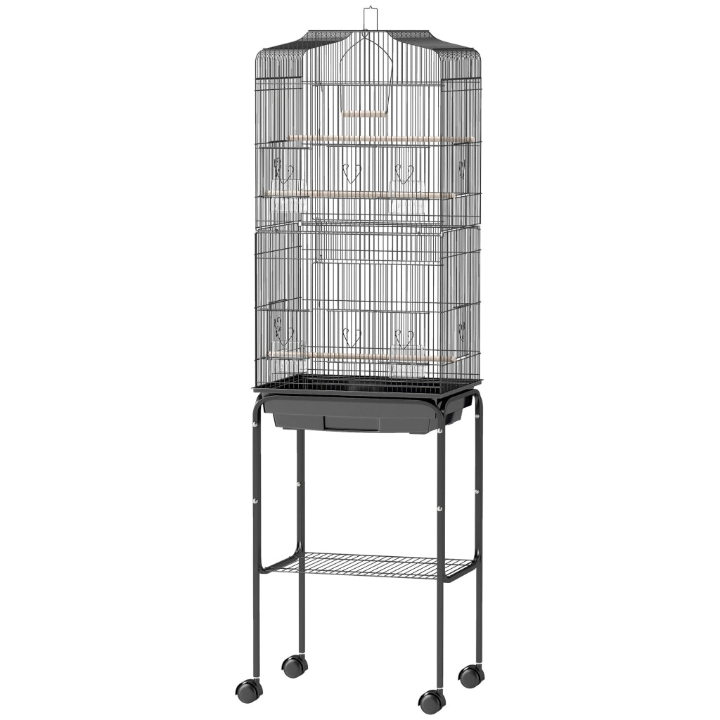 Voliera per Uccelli con Ruote ¨C Xylo ¨C Tetto Apribile 3 Posatoi 46,5x36x157cm Nero
