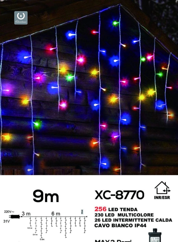 Tenda luminosa luci natalizie con 256 LED da 6mt prolungabile con luci multicolor e flash bianco freddo intermittente per balcone facciate interno esterno IP44 cascata