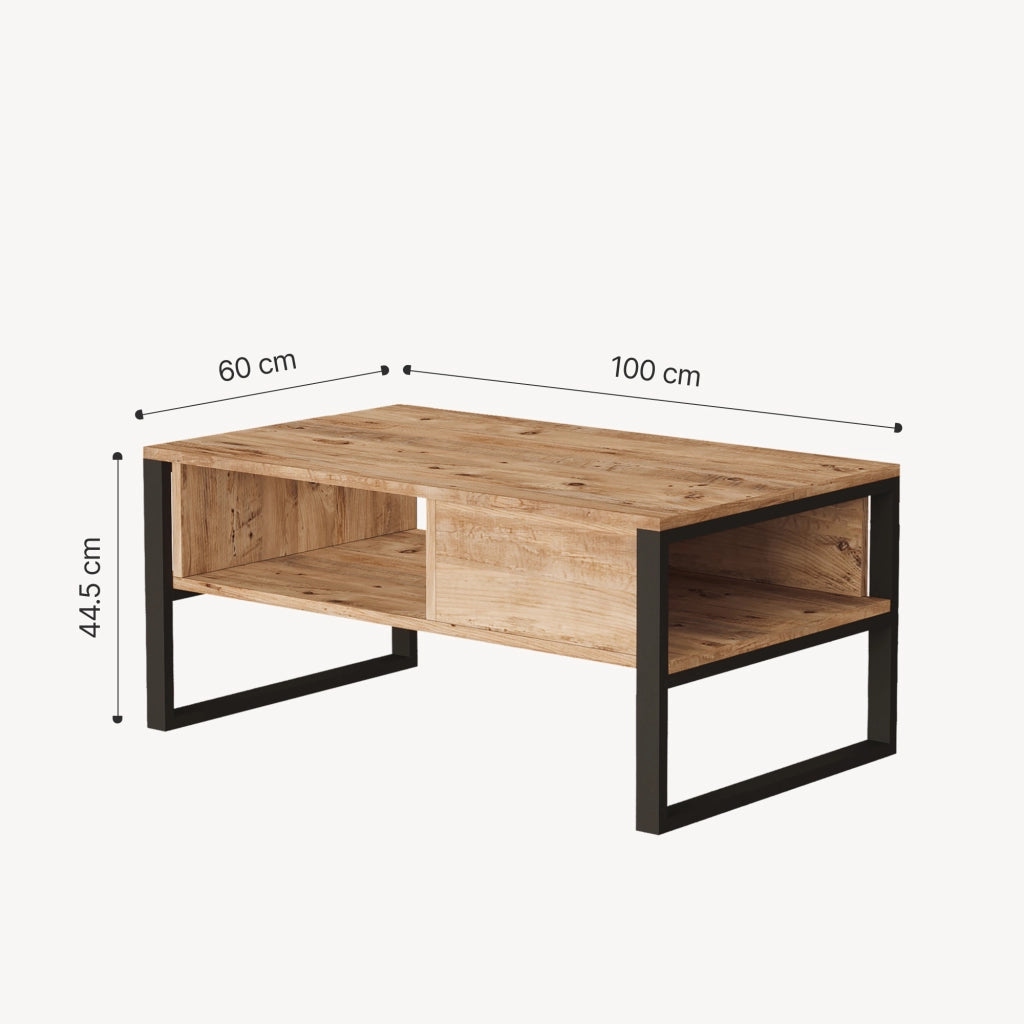 Tavolino Centrale da Salotto Laukaa con Scomparti 45 x 100 x 60 cm Rovere Rustico/Nero [en.casa]