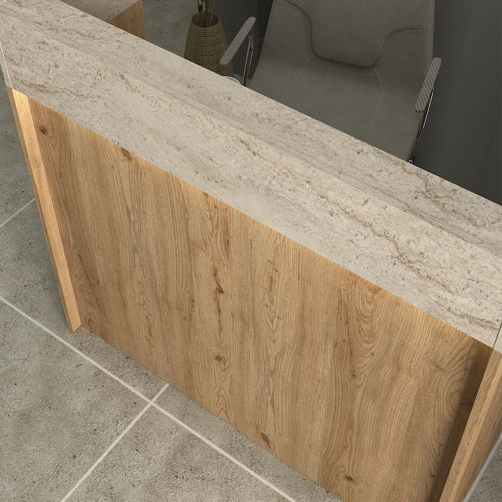 Bancone Reception Wilko 110 cm Rovere con Dettaglio Travertino e LED – Design Moderno