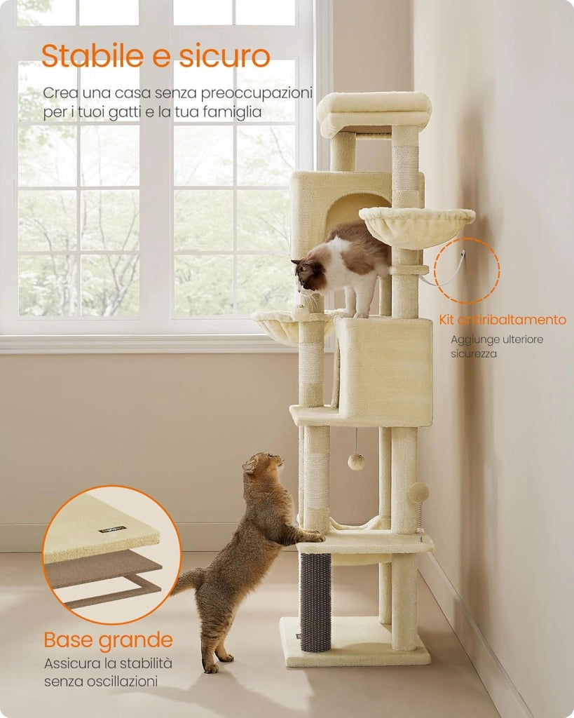 Feandrea Albero per Gatti Grande, Torre Tiragraffi Alto 175 cm, Multilivelli con 2 Grotte, 2 Cestini, 5 Graffiatoi, Autospazzola, Trespolo, Amaca, Beige Sabbia PCT182Y01