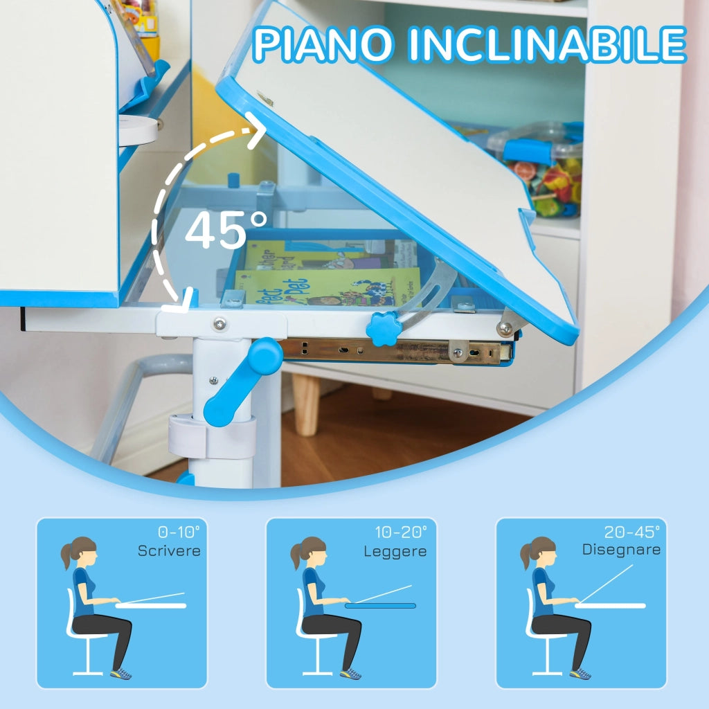 Banco Scuola per Bambini Regolabile con Luce LED Leggio e Portapenne Azzurro