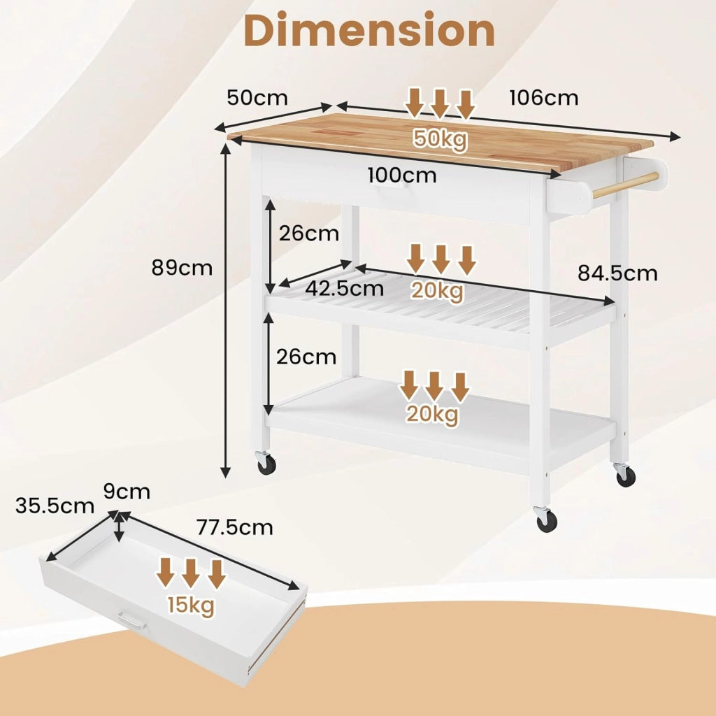 Carrello da cucina con piano di lavoro, armadio da cucina con ruote, carrello da portata con cassetto e 2 ripiani aperti, carrello da cucina con portasciugamani, mobile da cucina, in legno