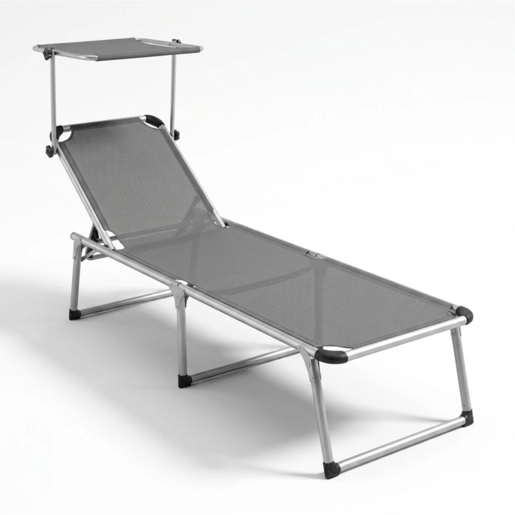 Lettino Pieghevole Prendisole Con Tettuccio Parasole Schienale Reclinabile Regolabile in 6 Posizioni Sedia Sdraio Per Spiaggia Mare Giardino Piscina 187 x 59 x 29 Cm Grigio Scuro