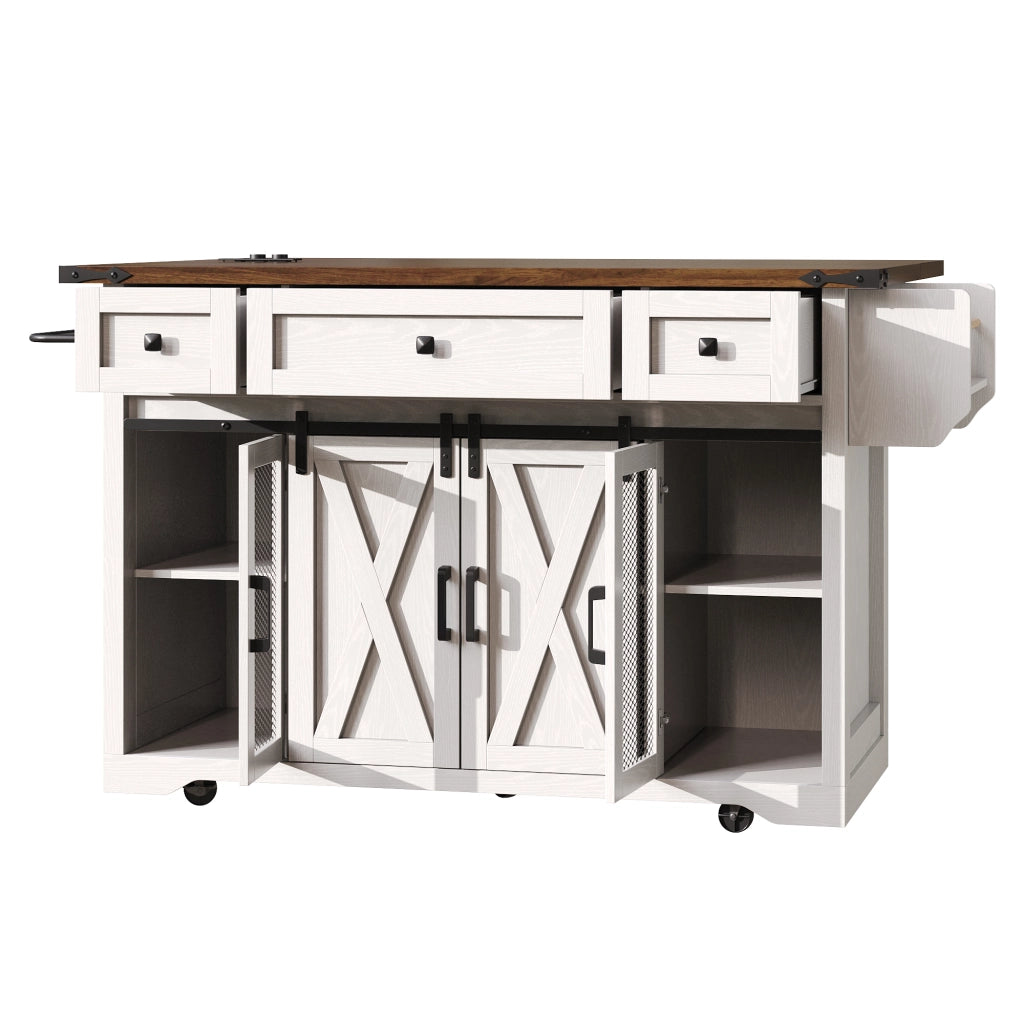 Carrello isola cucina mobile con piano estraibile e presa elettrica, bianco, 75 kg