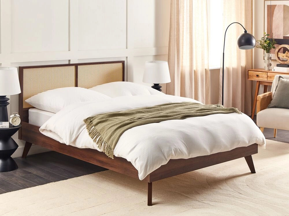 Letto matrimoniale legno di pioppo scuro con testiera in vimini 140 x 200 cm camera da letto moderna boho minimalista