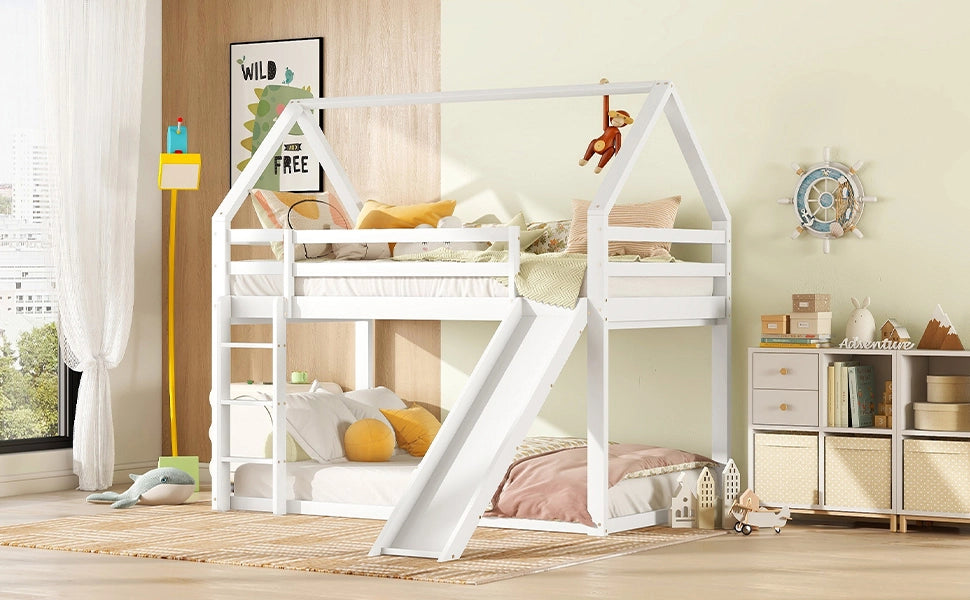DESMIU Letto a castello bambino 90 × 200 cm con scivolo e scala, senza materasso, in legno, bianco