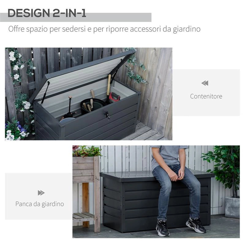 PANCA CONTENITORE DA ESTERNO CON CHIAVE, BAULE DA GIARDINO IN ACCIAIO 120X62X62CM GRIGIO