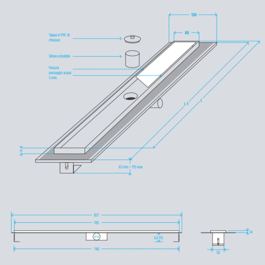 Canale canaletta pavimento lineare scarico doccia acciaio inox satinato canalina *** misure l985xh63>115 mm, confezio...