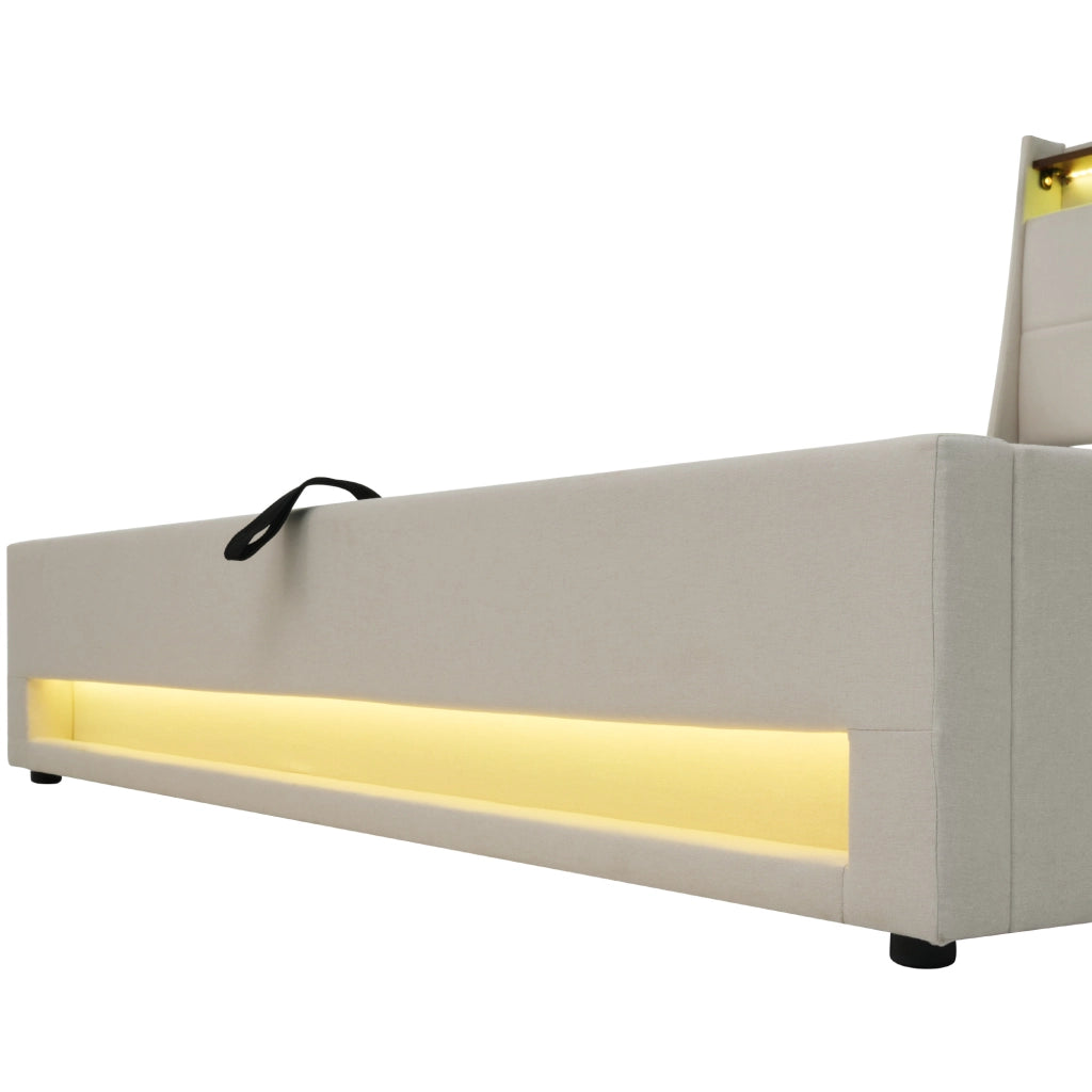 LETTO Imbottito 140x200 cm Beige con USB, LED e rete sollevabile