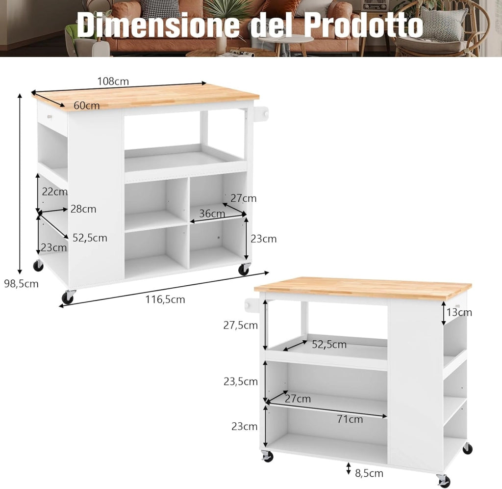 Carrello da Cucina, Carrello con Piano in Legno di Gomma con 4 Ripiani Regolabili Cassetto Ripiani per Spezie Porta Asciugamano e Ruote Bloccabili, 117x60x99 cm (Bianco)