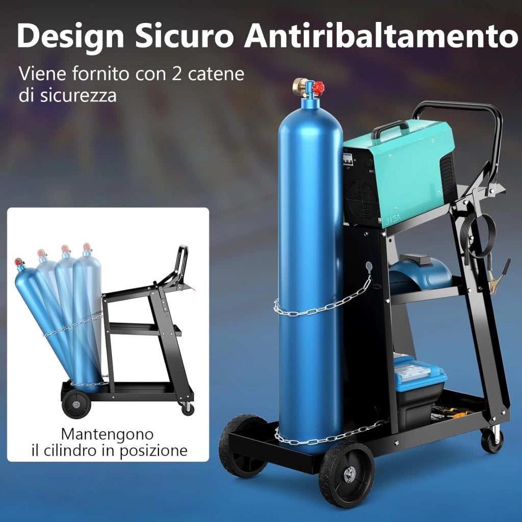 Carrello da Saldatura a 3 Livelli, Carrello per Saldatore con Struttura in Metallo, 4 Ruote Bloccabili Universal e Spazio per Serbatoio con Catene Anti-Ribaltamento, Carrello per Officina