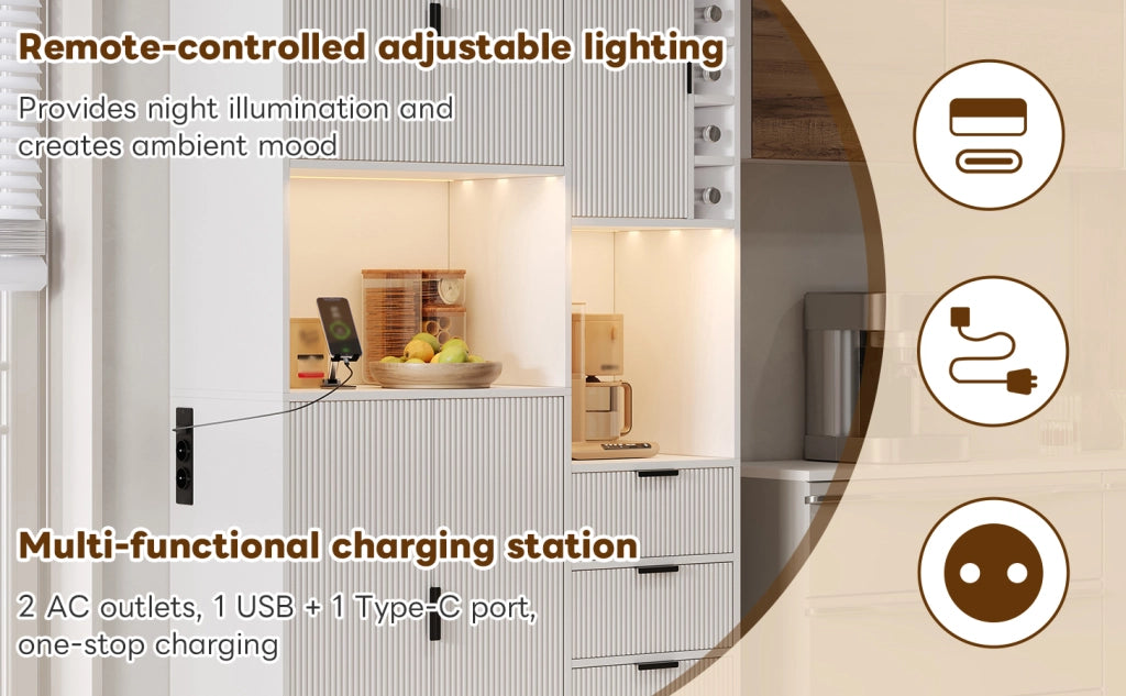 Credenza da cucina con LED app, 3 cassetti e portabottiglie, per cucina e sala da pranzo, bianco, 180 × 105 × 40 cm