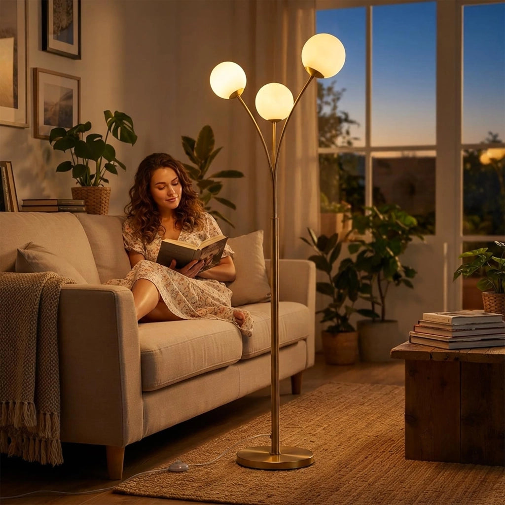 Piantana da Terra a 3 Luci Sfera G9 Lampada di Design per Interni Bronzo con Interruttore a Pedale Luce Salotto Soggiorno 230V