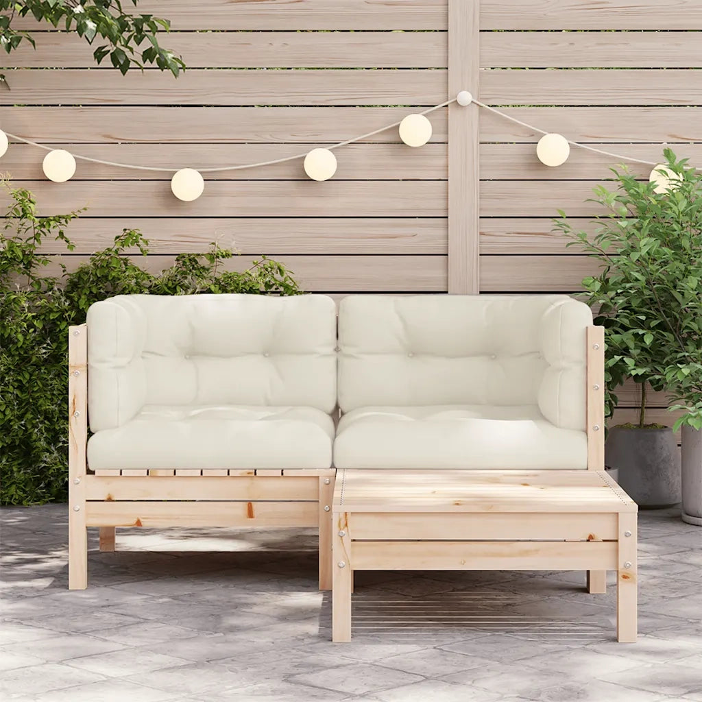 Set Divani da Giardino 3 pz | Set Salotto da Giardino con Cuscini Crema Massello di Pino