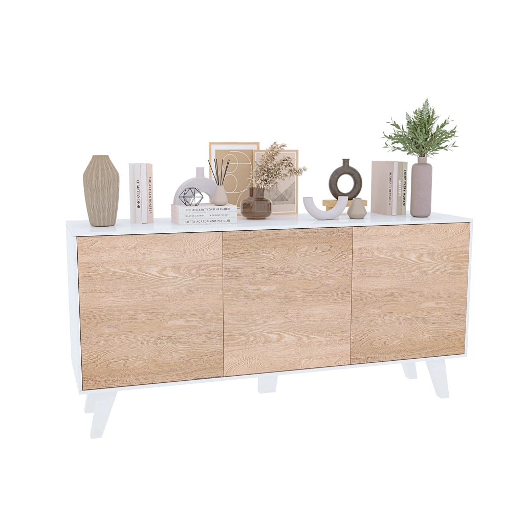 Mobiletto Credenza Da Soggiorno Con 3 Ante Ideale Per Salotto Ingresso E Sala Da Pranzo 154 X 41 X 75 Cm Bianco Lucido Rovere Chiaro