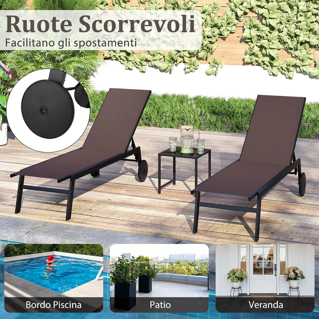 Lettino Prendisole da Giardino con Tavolino, Schienale Rgolabile 5 Livelli, 2 Ruoti, Sdraio da Patio in Tessuto Traspirante, per Piscina Terazza, Portata 150+50 kg (Marrone)