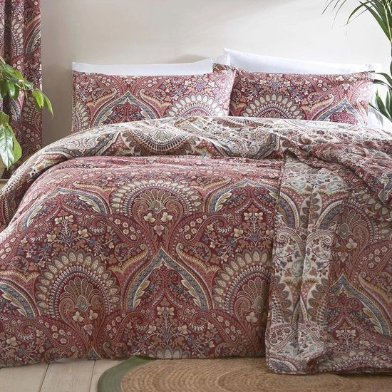 Copertina da Letto Jacobean - Marone Doppia - Rovesciabile 200 x 200 cm - Design Marocchino Bohémien con 2 Cuscini
