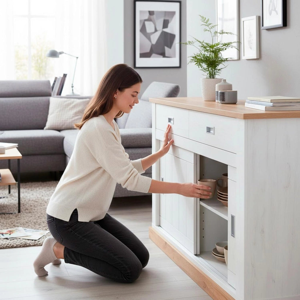 Mobile Madia Credenza Soggiorno Con 2 Cassetti E 2 Ante Scorrevoli 4 Ripiani Interni Design Minimal Shabby Chic Zona Living Sala Da Pranzo 150 x 50 x 95.5 Cm Bianco E Rovere