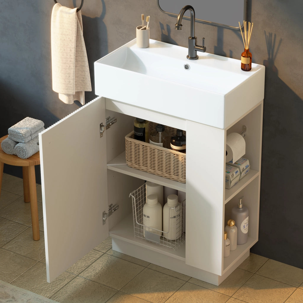 Mobile sottolavabo da bagno con lavabo in ceramica, anta soft-close e ripiani aperti, bianco, 55 × 32 × 87 cm