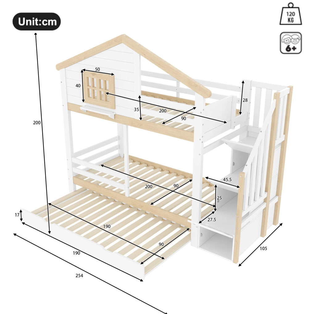 Letto a castello 90x200 cm con letto estraibile, scala contenitore e design casa