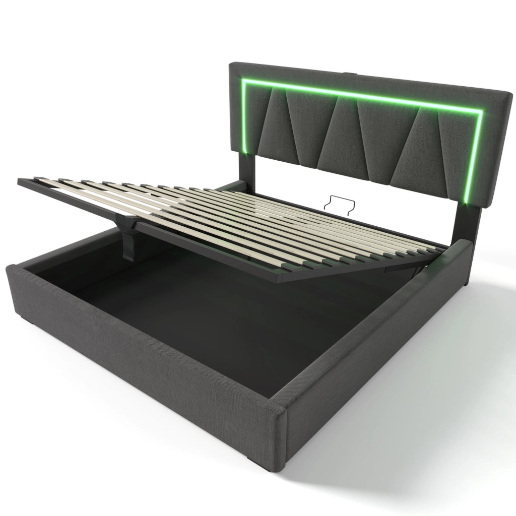Letti contenitori 140x200 cm con testiera regolabile; LED e USB; lino grigio (Senza materasso)