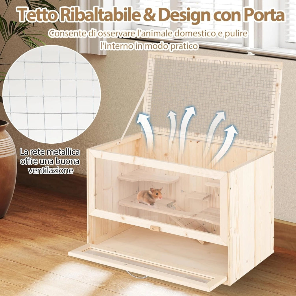 Gabbia per Criceti, Gabbia Criceti in Legno con Tetto Ribaltabile in Rete, Aree Multi-Scala, Rampa, Pannello in Acrilico e Porta Bloccabile, 60 x 35,5 x 42 cm