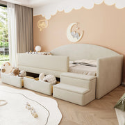 Letto imbottito 90x190 cm beige in velluto con 2 cassetti e scale