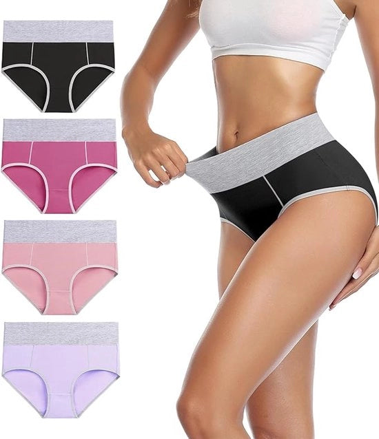4 pacchi di slip comodi per donne, alta cintura, slip di cotone robusto per sollevare le anche e sottolineare la vita, (Porpora + Nero + Rosa chiaro + Arancione) - XL
