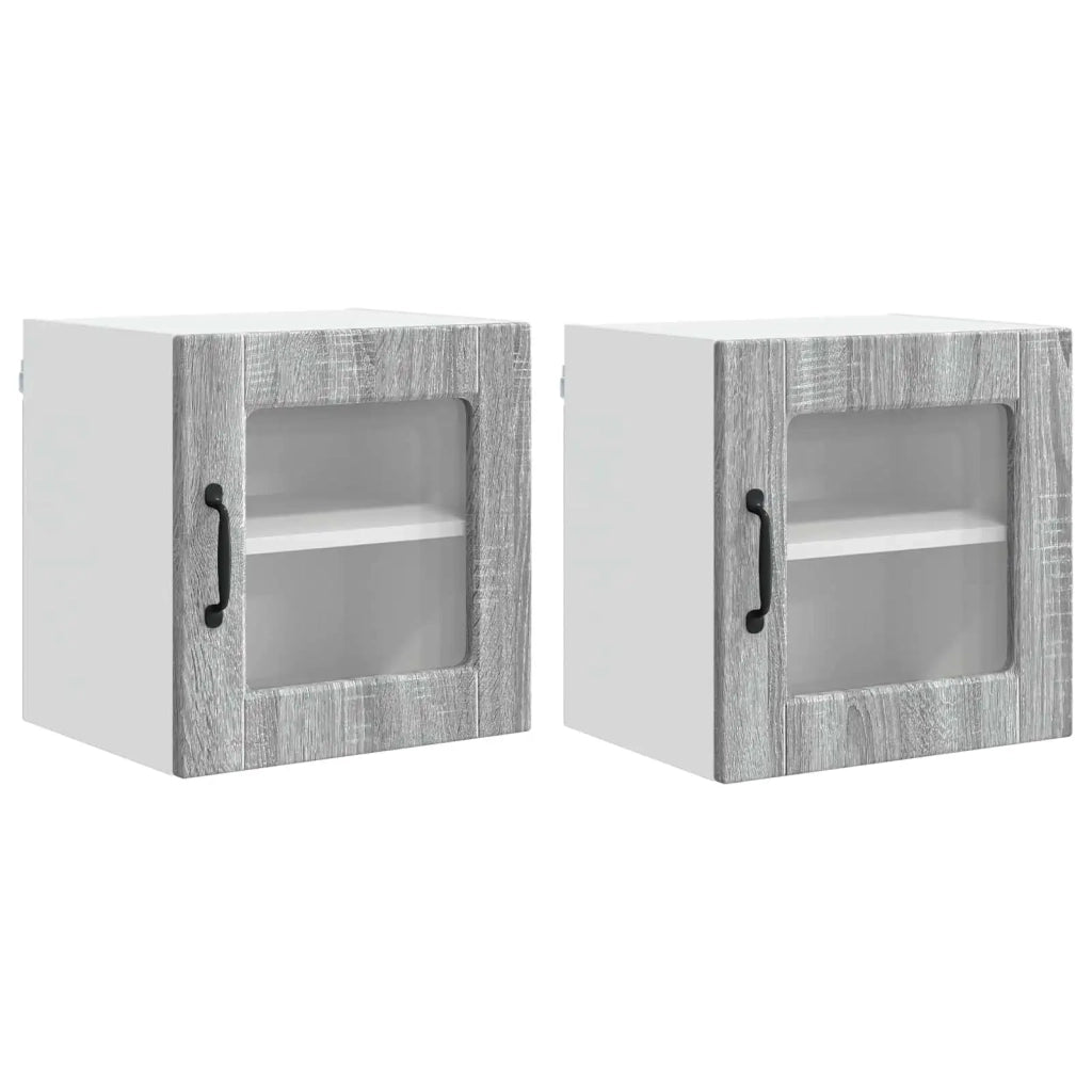 Pensile da cucina | Mobile in vetro da parete PORTO 2 pz Grigio Sonoma