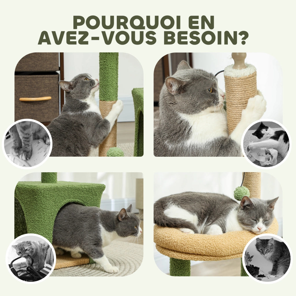 Tiragraffi per gatti con cuccia, palline e foglie artificiali ¨C Xylo ¨C 44x30x98 cm verde