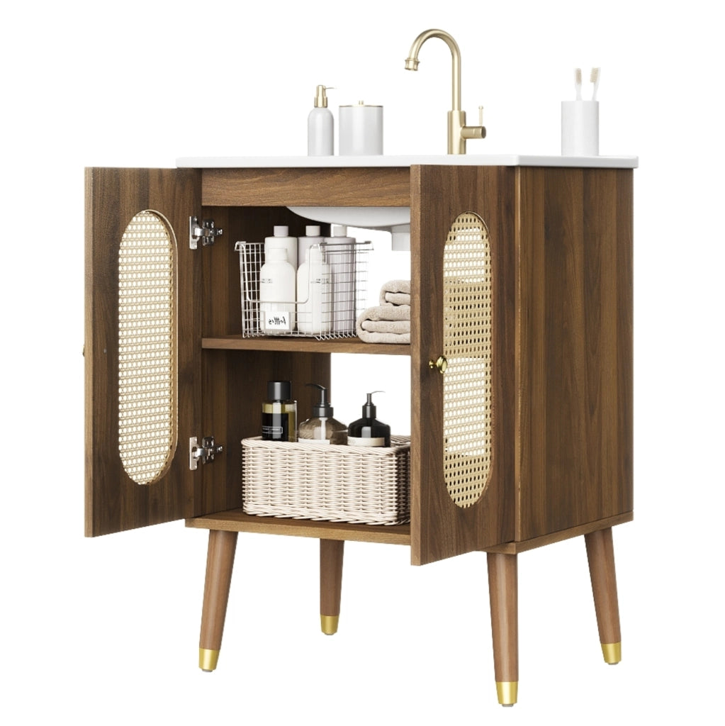 Mobile bagno sottolavabo 61 cm freestanding con lavabo in ceramica; ante in rattan; noce